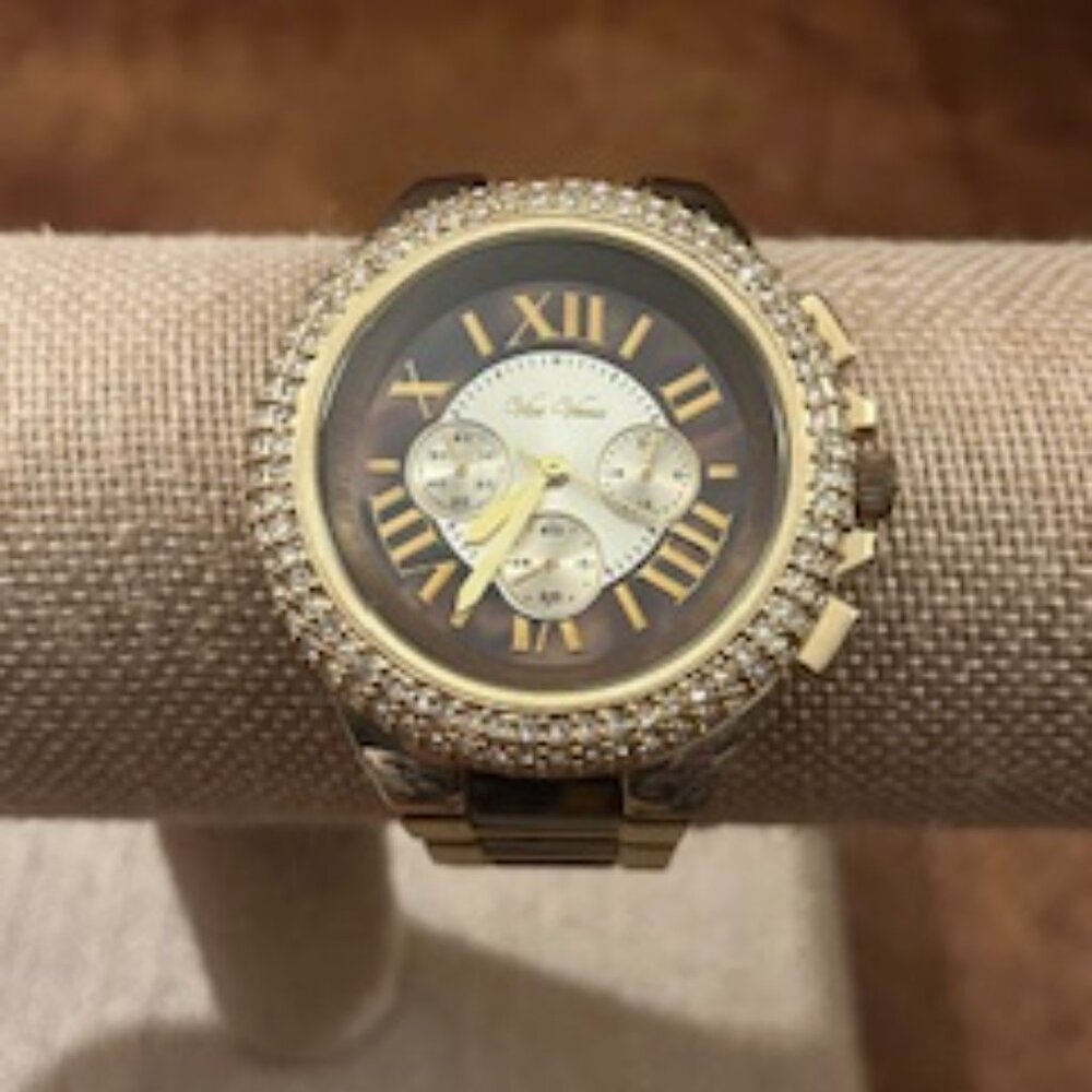 Brown, Tortoise and Gold Bling watch with link band and fold over clasp